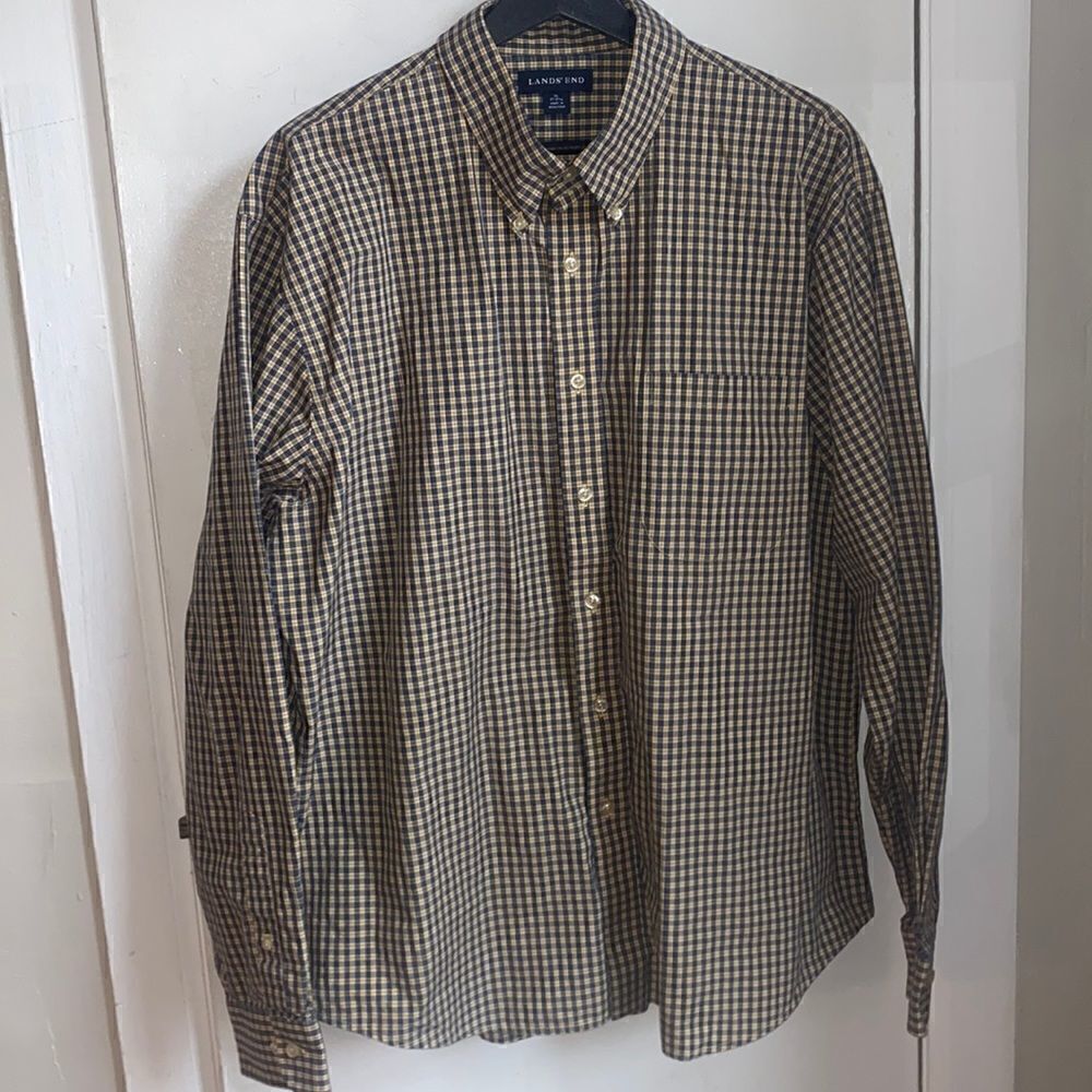 LANDS’ END Tan and Navy Plaid Cotton Shirt- XL